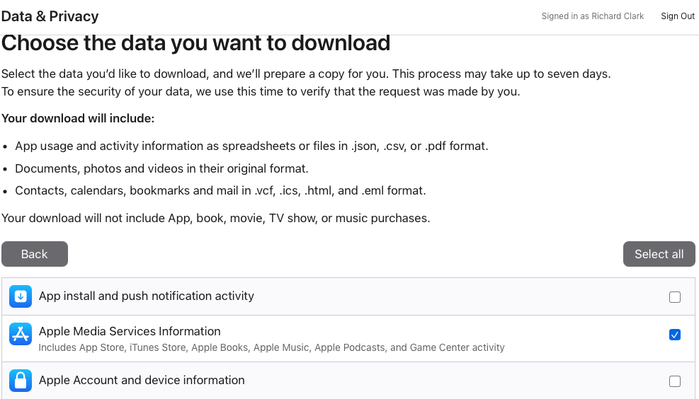 Apple privacy data selection page