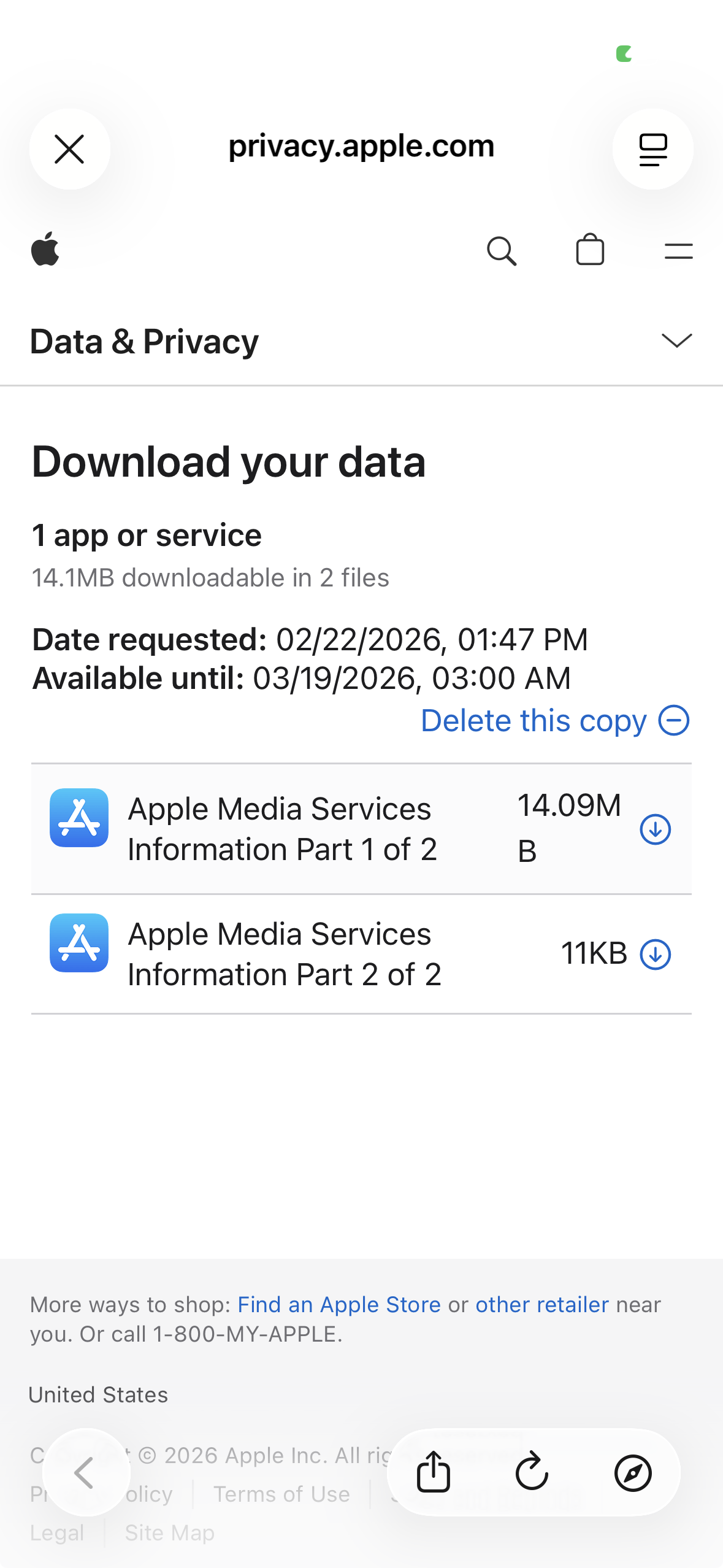 Apple Download your data page