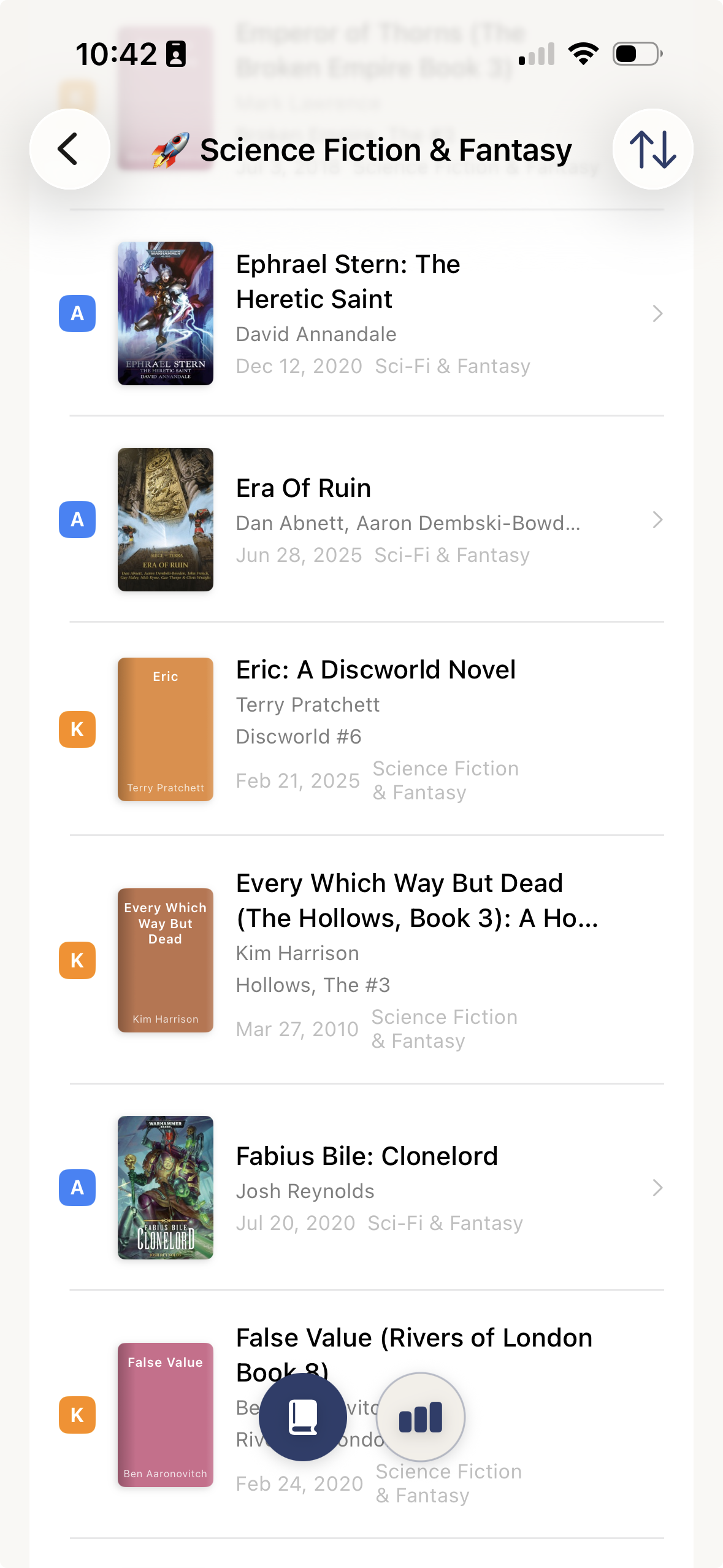 eBookSort showing Science Fiction & Fantasy with Kindle and Apple Books mixed together