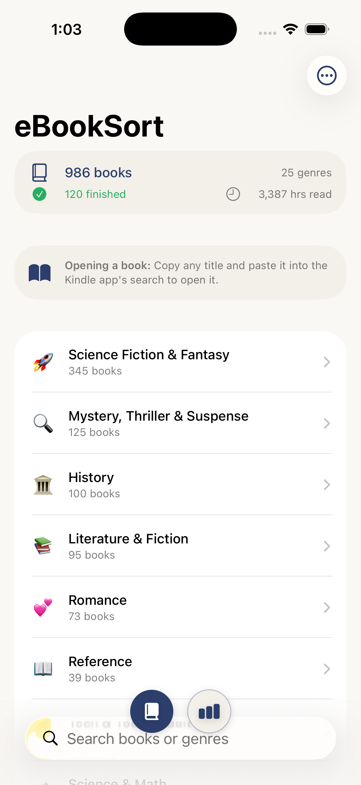 Genre browsing view showing book categories